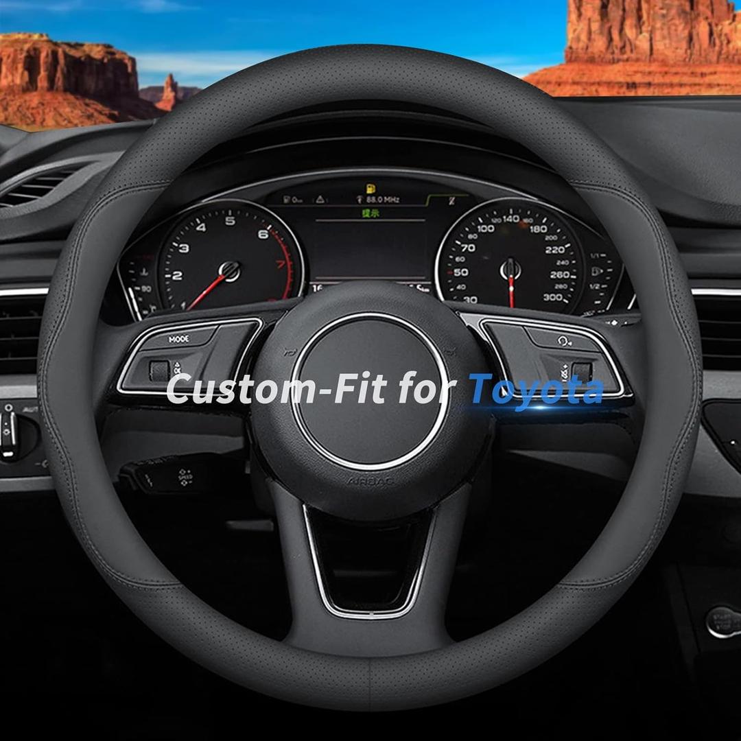 Custom-Fit Leather Car Steering Wheel Cover, 15 inches, B-Style, For Toyota