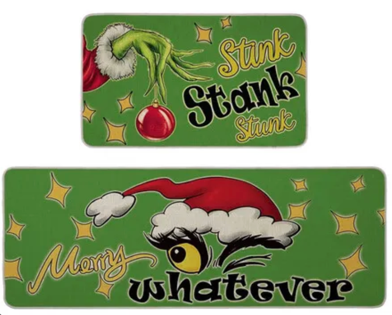 Merry Christmas Green Kitchen Rugs Set of 2, Funny Xmas Stink Stank Stunk Santa Hat Ball Floor Mats Home Decor, Winter Plaid Door Mat Decorations 23x15, 46x15