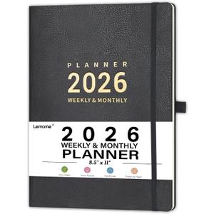 2026 Planner - 8.5" x 11" 2026 Planner Weekly and Monthly, January 2026 - December 2026, Pen Holder, Pocket, 25 Notes Pages, Faux Leather Cover, A4 Premium Paper - Gray