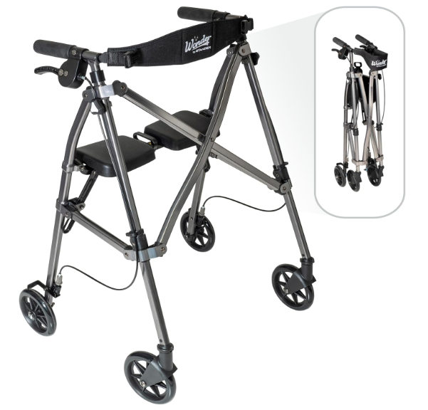 Stander Space Saver Rollator, Lightweight Folding Rolling Walker with Seat for Seniors & Adults, 4-Wheel Mobility Aid with 6-inch Wheels, Locking Brakes & Padded Seat with Backrest, Black Walnut