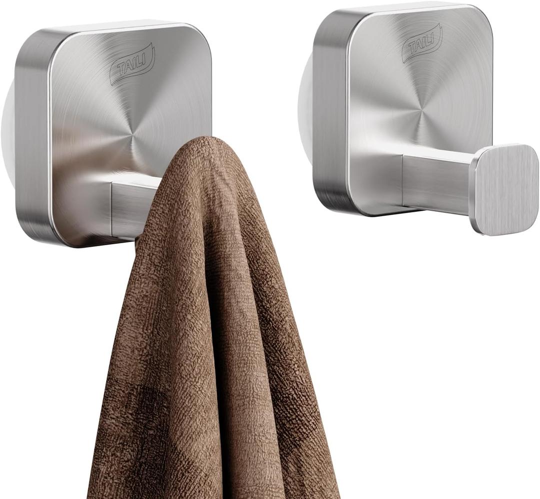 TAILI 304 Stainless Steel Bathroom Suction Hook for Towel, Loofah, Bathrobe, Patented Strong Suction Cup, Damage-Free Hanging Glass Shower Wall Hook, Hold Up to 11 Lbs, 2 Pack, Modern Square, Silver