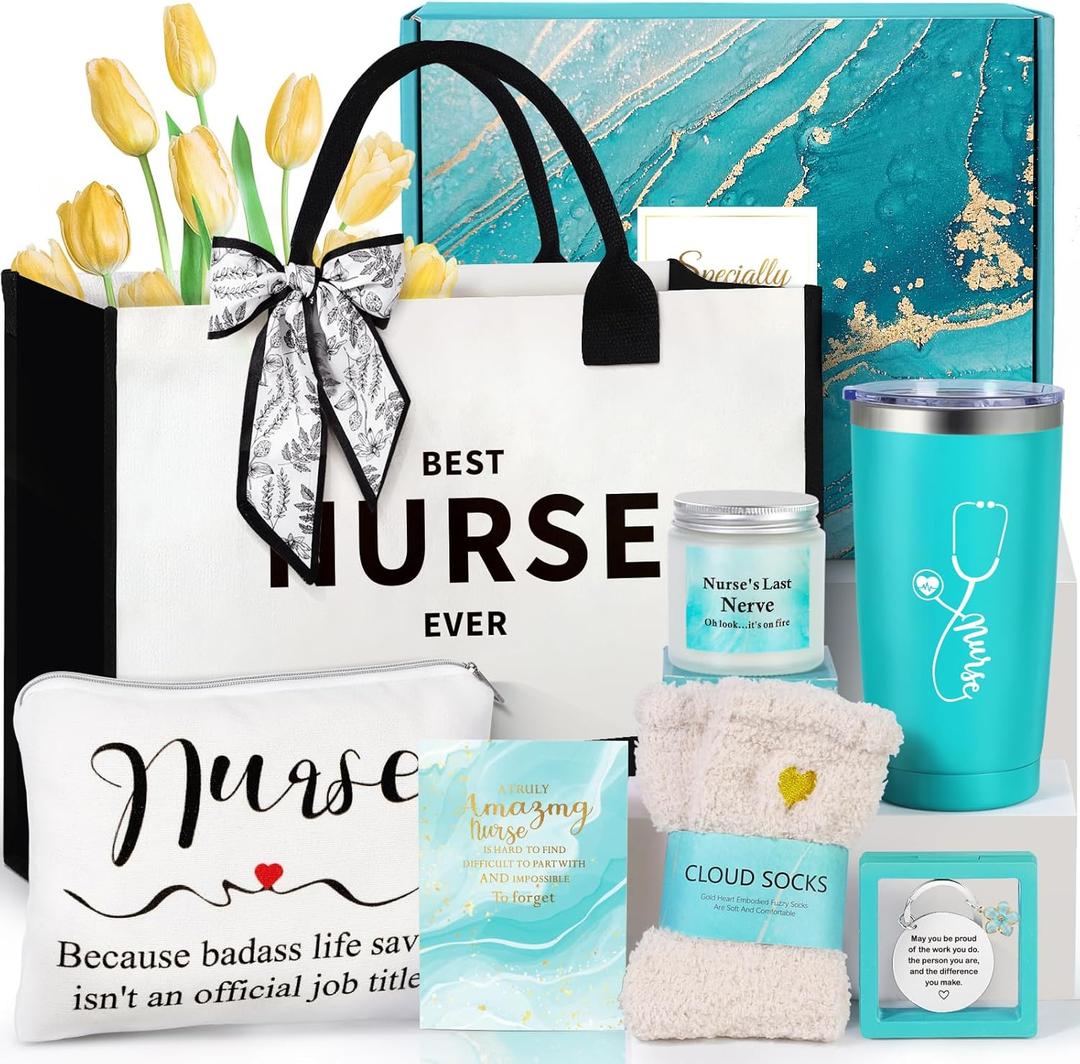 Suhctuptx Nurse Gifts Nurse Appreciation Gift Set for Women Christmas Gifts for Nurses Week Nurses Graduation Gift for Nurses Female Nursing Student with Canvas Bag Socks Tumbler Keychain