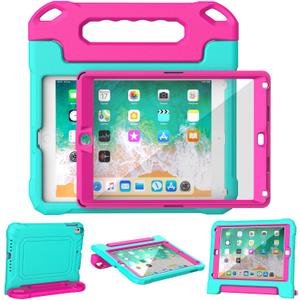 YIHE Kids Case for iPad 9.7 Inch with Screen Protector, Shockproof Handle Convertible Stand Case for iPad 9.7 6th/5th Generation 2018/2017, iPad Air 2/1& iPad Pro 9.7, Cyan&Pink