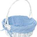 White Round Willow Wicker Gift Basket with Blue Gingham Liner & Handle, Medium Decorative Foraging, Picnic, Storage Basket