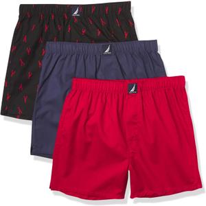 Nautica Men's Classic Cotton 3-Pack Woven Boxers (Medium, Nautica Red/Peacoat/Lobster Black)