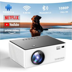 Mini Projector with Android TV 11.0, Towond Smart Projector with Wifi and Bluetooth, Portable Native 1080p Projector Built-in Netflix, Movie Projector for Outdoor/Indoor Home Cinema with 8,000+ Apps Black