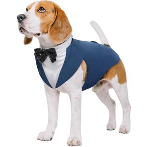 Kuoser Dog Tuxedo Dog Suit and Bandana Set, Dogs Tuxedo Wedding Party Suit, Doggy Prince Bow Tie Shirt Formal Pet Wedding Attire for Large Medium and Small Dogs Golden Retriever Samo Bulldogs, Blue Large