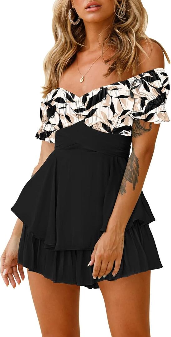 Fixmatti Women Boho Romper Off Shoulder Ruffle Chiffon Shorts Jumpsuit Playsuits (Small, Print-black)