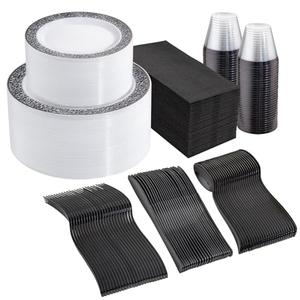 WELLIFE 350Pcs Black Plastic Dinnerware and Napkins Party Supplies Include:50 Dinner Plates, 50 Dessert Plates, 50 Napkins, 50 Cups and 50 Plastic Cutlery