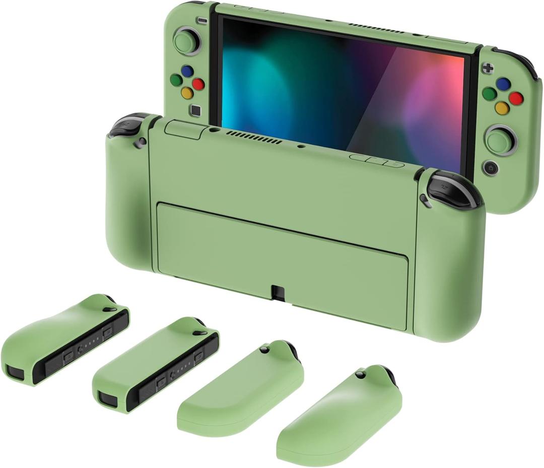 PlayVital AlterGrips Protective Slim Case for Nintendo Switch OLED, Ergonomic Grip Cover for Joycon, Dockable Hard Shell for Switch OLED w/Thumb Grip Caps & Button Caps (Matcha Green)
