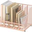 SUPEASY Desk Organizers Metal Desk Magazine File Holder with 5 Vertical Compartments Rack File Organizer for Office Desktop, Home Workspace, Rose Gold (Small)