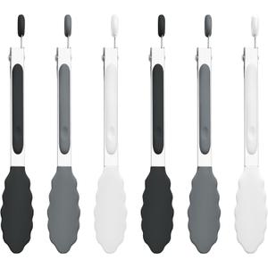7-Inch Silicone Tongs Pack of 6, Small Stainless Steel Tongs with Silicone Tips for Cooking, Serving, BBQ, Grilling, Salad, Buffet, Party (7", Black/Gray/White)