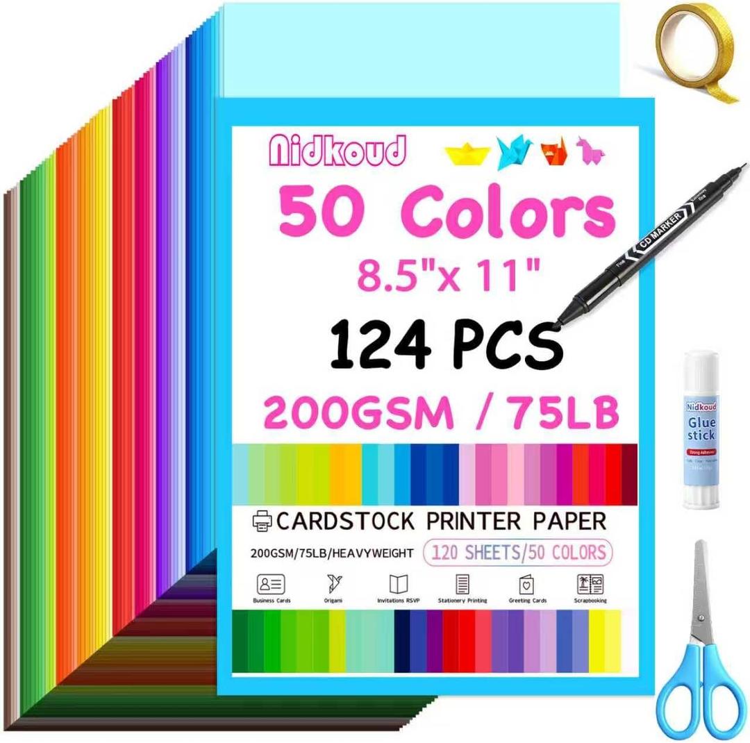 124 PCS Colored Cardstock 8.5" x 11", 50 Assorted Colors Construction Paper Bulk for Crafts, Thick Card Stock Colorful Printer Paper for Scrapbooking, Card Making, Kids School Supplies(200GSM)