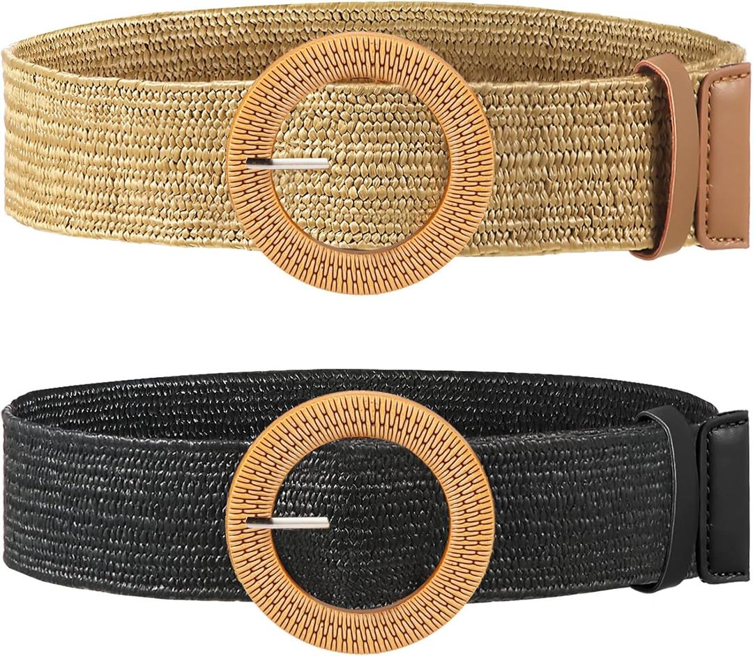 2 Pieces Women Straw Woven Elastic Stretch Waist Belt Skinny Dress Braided Waist Belt with Wooden Style Buckle, Size Name: 39.37 Inches
