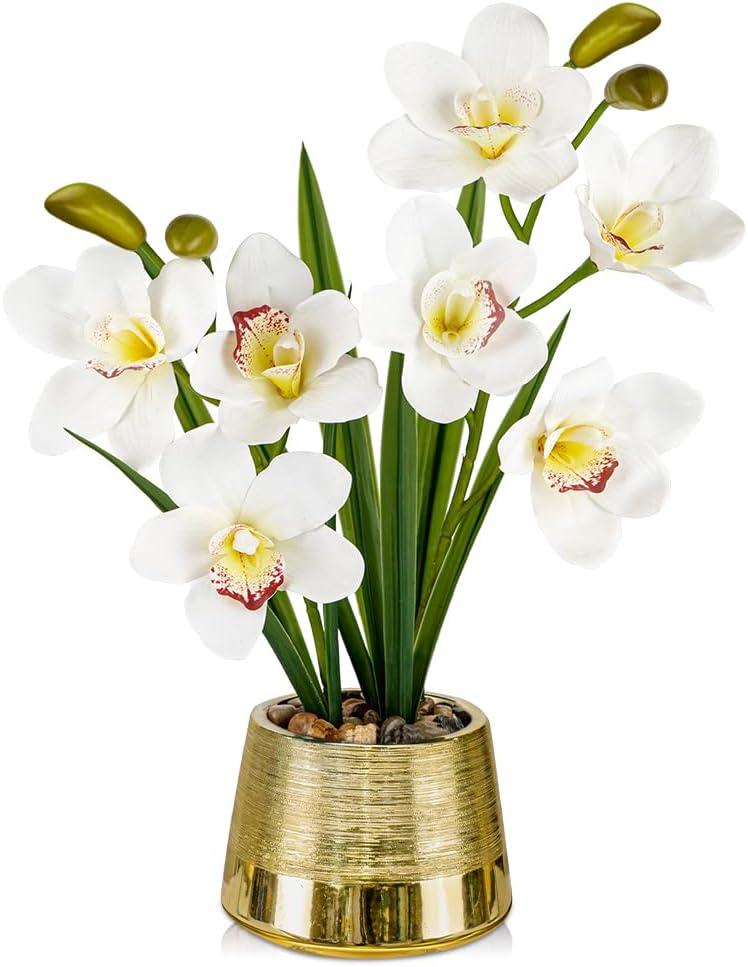 White Orchids Artificial Flowers Faux Silk Cymbidium Orchids in Gold Pot Fake White Orchid Flower Arrangements Orchid Centerpiece Faux Orchid Plant for Dining Room Table Decoration