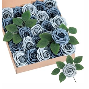 Artificial Flowers Foam Fake Roses 25pcs Burgundy Roses with Stems for Home Decor DIY Wedding Bouquets Party Bridal Shower Centerpieces Faux Flower Arrangements Tables Decorations (Series Blue)