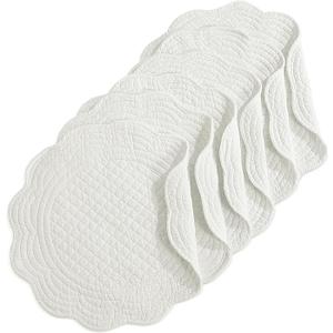 HOMBYS Quilted Placemats Set of 6 Washable Round Placemats for Kitchen Table-100% Cotton Fabric 14 Inch Round Table Mats, Cotton Fabric with Microfiber Filling, (14"x14", Cream White)