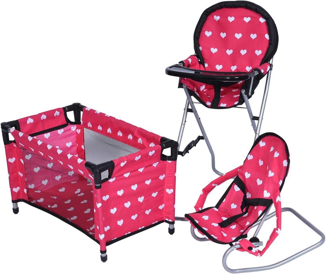 Mega Baby Doll Accessories Set, 3-1 Baby Doll Crib, Baby Doll High Chair & Bouncer Seat. 18 inch Doll Accessories with Doll Bed. 18" Dolls Furniture Play Stuff. Toys for Girls Ages 3-5,4-6,5-7,8-10 (Pink Hearts)