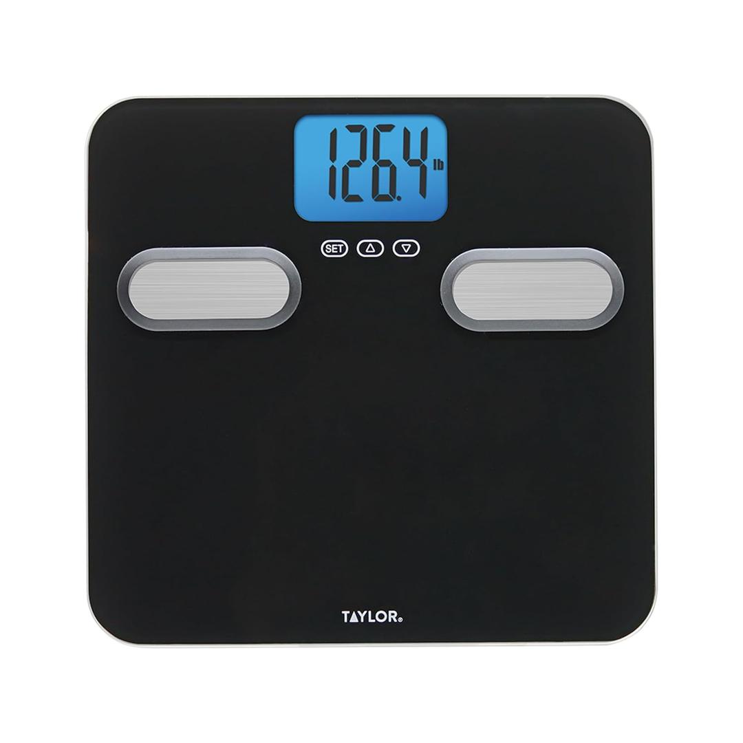 Taylor Men's Body Composition Bathroom Scale for Body Weight - 400 lb Capacity, Blue Backlight Display, 10-User Profiles, Body Composition Analysis, Fits Up to Size 12 Shoe, Black