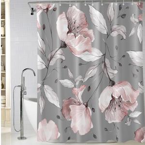 Extra Long Pink Grey Flower Shower Curtain 72 x 84 Inch, Waterproof Fabric Watercolor Botanical Floral Bathroom Shower Curtain with Hooks