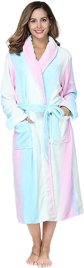 RONGTAI Womens Bathrobe Ladies Fleece Plush Warm Long Robes Fleece Nightgown Sleepwear (Small, Rainbow)