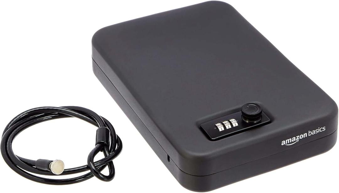 Amazon Basics Portable Security Case Lock Box Safe, Small Lock Box with Code, for College Dorm Room, Home, Combination Lock, XL, Black
