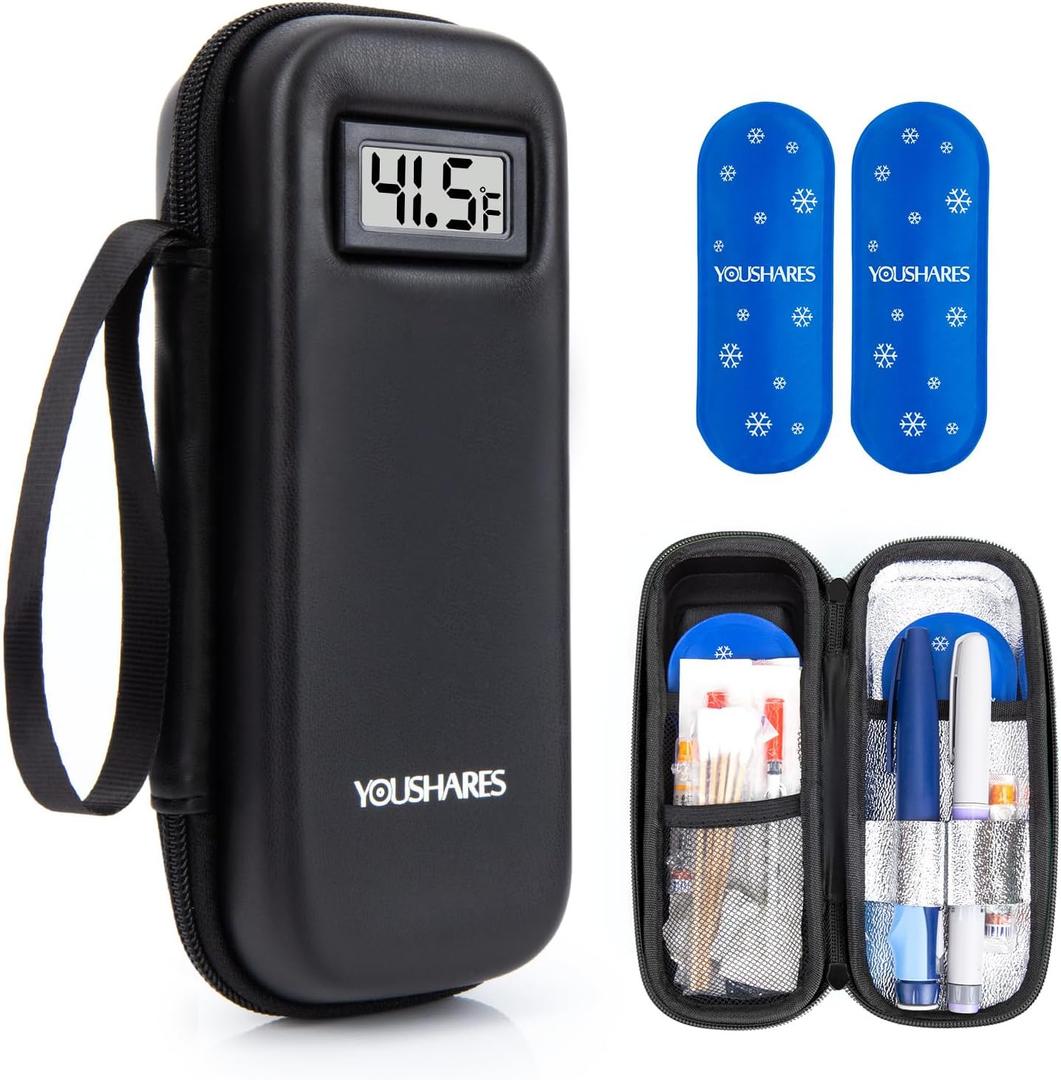 YOUSHARES Insulin Cooler Travel Case with Temperature Display - Diabetic Travel Case Refrigerated Medicine Cooler Travel Case with 2 TSA Approved Ice Pack for Trip and Daily (Black)