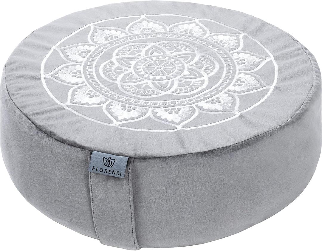 Florensi Meditation Cushion - Comfortable Floor Pillow - Traditional Tibetan Meditation Pillow with Beautiful Velvet Cover - Large Floor Cushion Seating for Adults - Premium Yoga Buckwheat Bolster (Grey)