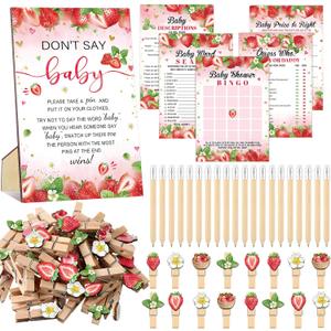 Patelai 321 Pcs Strawberry Baby Shower Game Supplies for Girl 5 Set Include 50 Activity Cards 20 Pencils 1 Don't Say Baby Sign 50 Clothespins for Price Is Right Prediction Bingo Game Party Decor