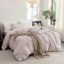 FOSSA Duvet Cover Set 100% Washed Cotton Linen Feel Super Soft Breathable Cozy 3 Pieces Bedding Sets Solid Greyish Pink Full/Double