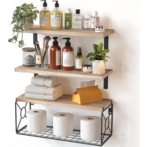 Amada Bathroom Shelves Over Toilet with Storage Basket, Floating Wall Shelf for Home Organization & Wall Decor, Bathroom/Kitchen/Living Room ShelvesNatural Wood