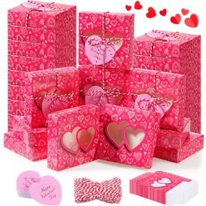 Tioncy 48 Pcs Valentines Day Cookie Boxes with Window 4.3 x 4.3 x 1.2 Inches Pink Treat Gift Bakery Candy Boxes for Gift Cupcake Chocolate Pastry Doughnut (Cute)