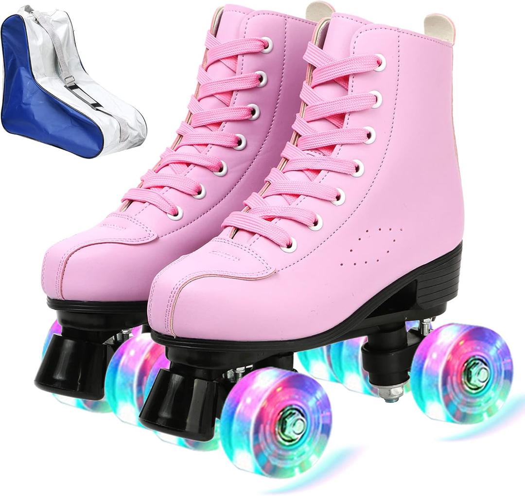 XUDREZ Women's Men's Cozy PU Leather High-Top Skates for Beginner with Double-Row PU Wheels - Professional Indoor Outdoor Skates (Pink Flash,37) 
