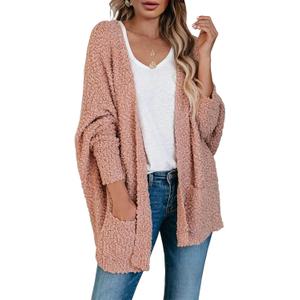 Saodimallsu Women's Chunky Popcorn Cardigan Oversized Open Front Boyfriend Batwing Long Sleeve Fuzzy Knit Sweaters (Pink), S