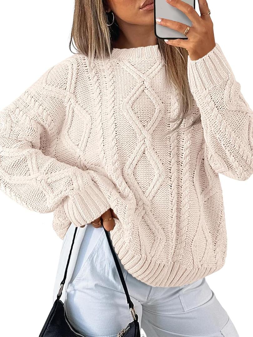 Trendy Queen Women's Oversized Cable Knit Crewneck Sweaters (Small, Cream)