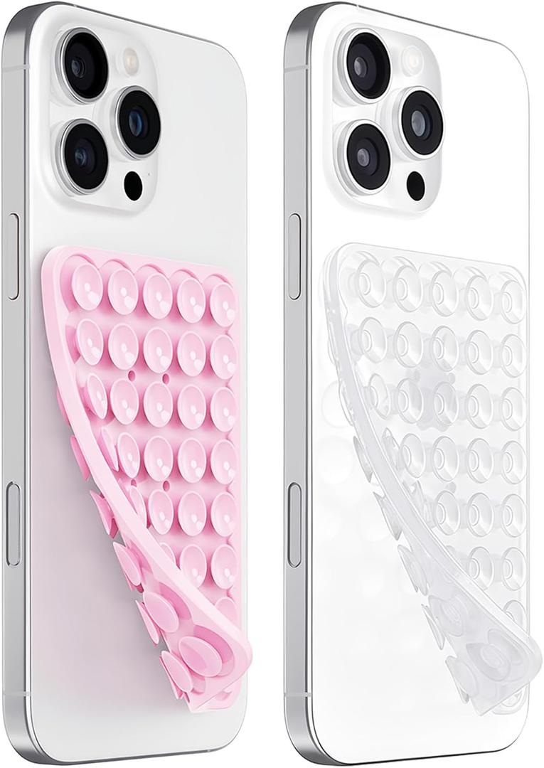PKYAA 2 Pack Silicone Suction Cup Phone Case Mount Double Sided, Hands-Free Silicon Phone Grip with Higher Suction Power for Selfies and Videos, Non Slip Phone Accessories (LightPink&Translucent)