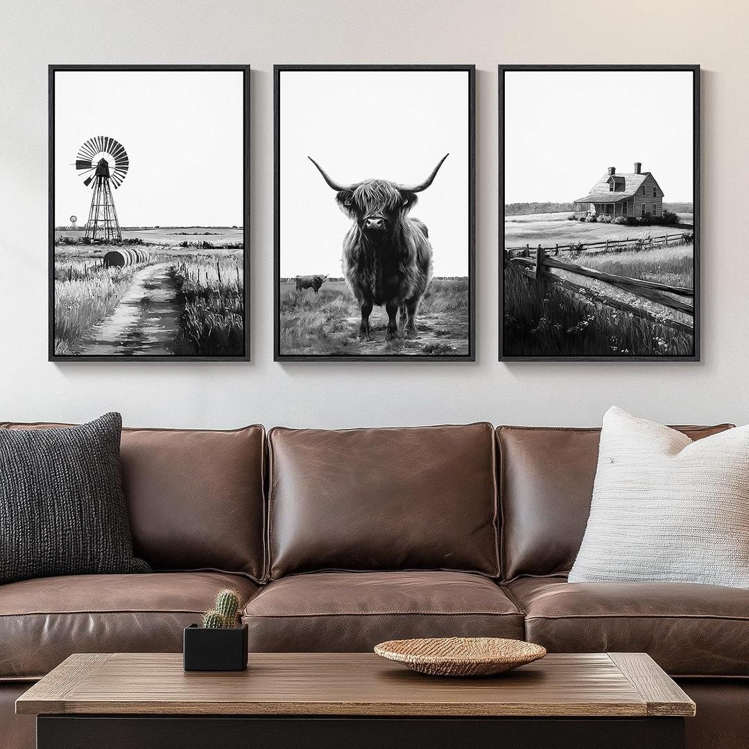 Framed Highland Cow Wall Art for Living Room, 3 Piece Black and White Farmhouse Canvas Artwork for Walls, Vintage Rustic Barn Western Farm Picture Prints for Bedroom Dining HallWay Wall Decor 16x24 In, 16" W x 24" H x 3Pcs