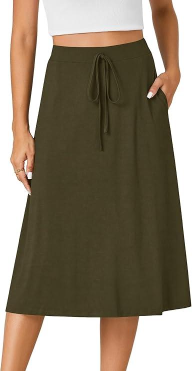 KIFOVEN Womens Casual High Waist A Line Midi Skirt Flared Drawstring Stretchy Skirt (Medium, Pack of 3, Black, Army Green, Khaki)