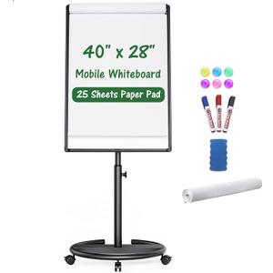 Mobile Whiteboard, Magnetic Dry Erase Board with Stand 40x28 inch, Height Adjustable Flipchart Easel Movable Rolling Stand White Board on Wheels with Dry Erase Markers, Magnets, Eraser (Black)