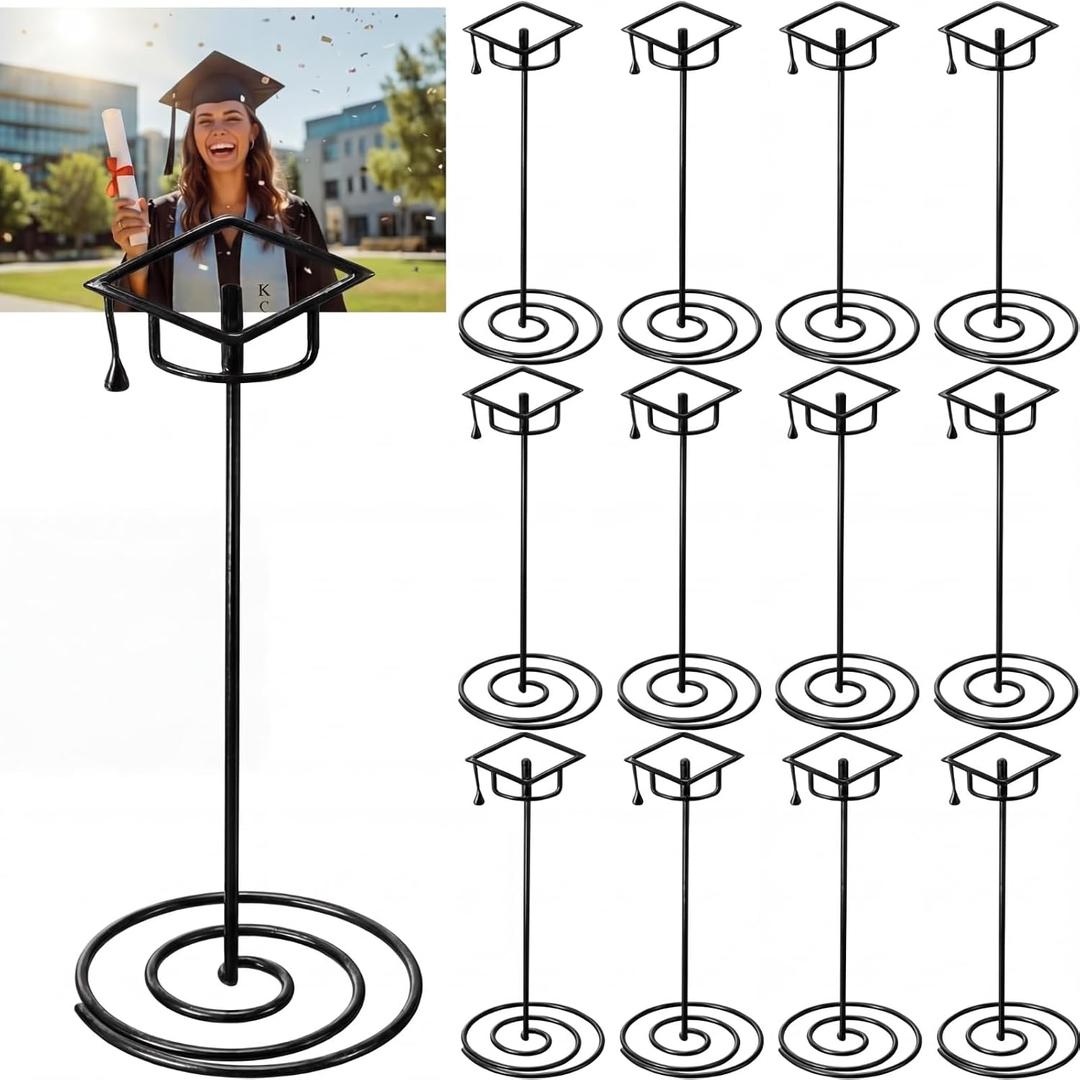 12 Pcs Graduation Cap Photo Holder Centerpieces for Table - 8.7 Inch Black Wire Table Number Stands & Picture Display Clips - Class of 2026 Grad Party Supplies Decorations