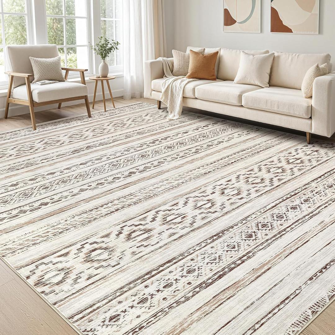 cotiled 8x10 Area Rug Living Room: Washable Boho Rugs with Non Slip Backing Large Soft Indoor Stain Resistant Carpet for Bedroom Farmhouse Dining Room Lightweight Home Decor Cream Brown