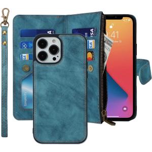 iCoverCase Compatible with iPhone 13 Pro Wallet Phone Case with Card Holder, PU Leather Zipper Pocket Magnetic Detachable Flip Case with Wrist Strap (Blue)