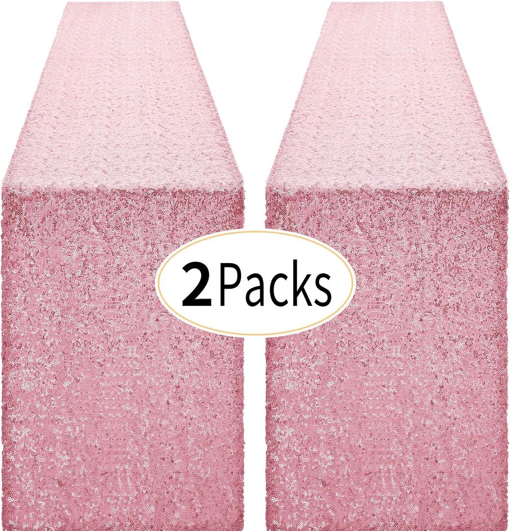 2 Packs 12 x 72 inches Light Pink Sequin Table Runner, Glitter Runner for Birthday Party Supplies Decorations Wedding Bachelorette Holiday Celebration Bridal Shower Baby Shower