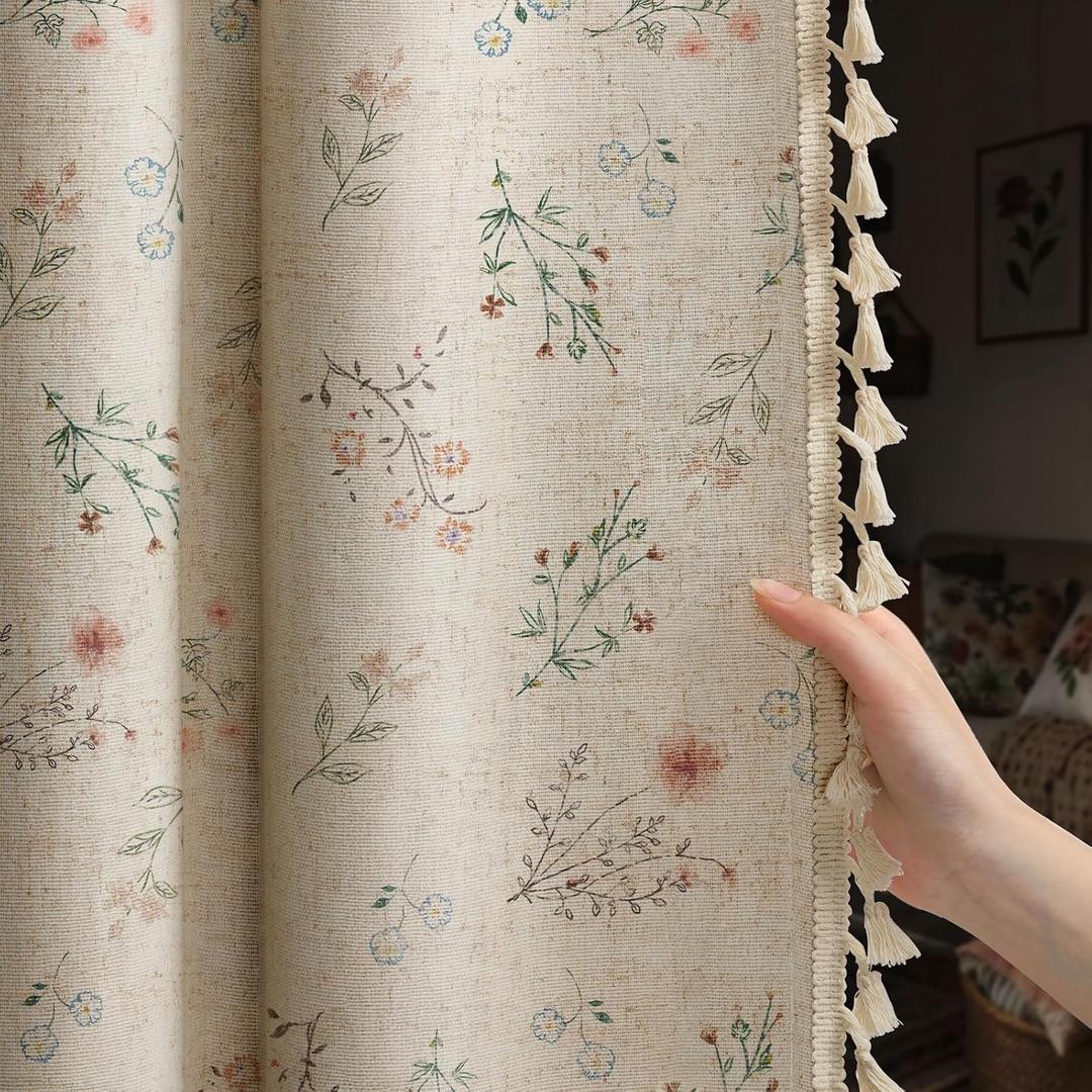 Boho Floral 100% Blackout Curtains for Bedroom 84 Inch Length 2 Panels Set, Linen Texture Farmhouse Curtains Beige Tassel for Living Room Vintage Rustic Patterned Printed Western Rod Pocket, 52"W x 84"L