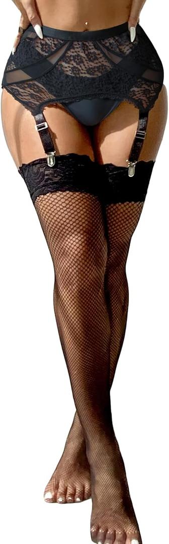 Womens Lace Garter Belts for Thigh Highs Mesh Suspenders Belt 4 Metal Clips Plus Size Thick Garter Lingerie