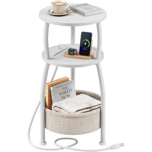 Round Side Table, 3-Tier End Table with Power Outlets, Small Table with Storage Basket, Coffee Table Sofa Side Table for Small Spaces, Nightstand for Living Room Bedroom, 11.81in, Matte White, 11.81" Dia with Power Strip