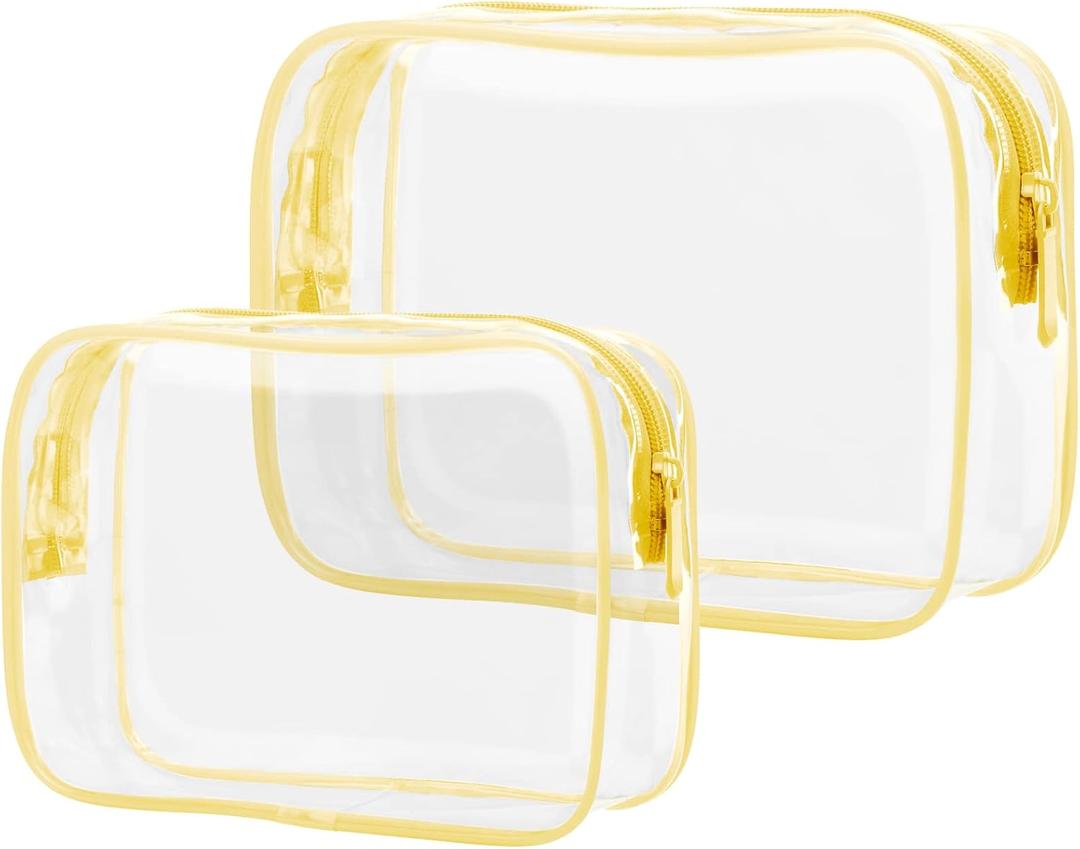 PACKISM TSA Approved Toiletry Bag 2 Pack - 1 Medium TSA Quart Carry-On & 1 Large for Checked Luggage, Water-resistant Clear Makeup Bag Clear Travel Bags for Toiletries, Light Yellow