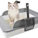 Open Cat Litter Box with High Side Anti-Splashing Cat Toilet with Litter Sifting Scoop Semi-Enclosed Kitten Litter Tray Pan Removable Prevent Sand Leakage Deodorizing Easy to Clean (Grey)