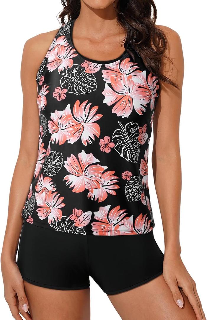 Aleumdr Womens Athletic 3 Piece Tankini Swimsuits with Shorts Swim Tank Tops with Sports Bra and Boyshorts Bathing Suits (Small, Pink Printed)