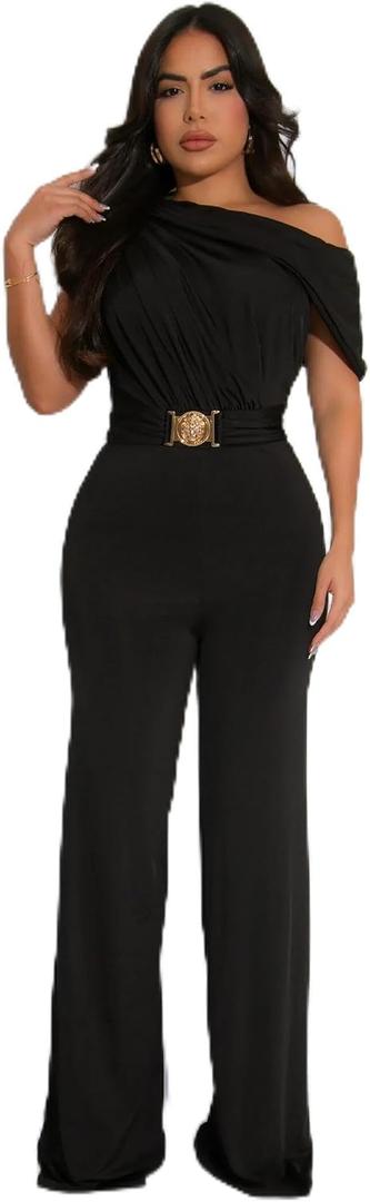 HWP Women's Dressy Jumpsuits Summer Casual Sleeveless Off Shoulder Wide Leg Long Pant Romper (Black, XL)